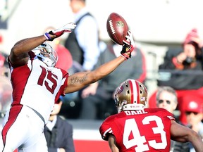 Michael Floyd of the Arizona Cardinals catches a pass in front of Craig Dahl of the San Francisco 49ers at Levi’s Stadium on December 28, 2014 in Santa Clara, Calif. (Don Feria/Getty Images/AFP)