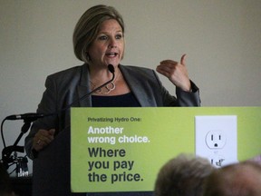 Ontario NDP leader Andrea Horwath speaks Wednesday in Sarnia against the partial sale of Hydro One. About 120 people attended the "town hall" meeting at Clearwater Arena. (Tyler Kula/Sarnia Observer/Postmedia Network)