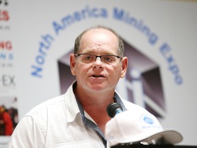 Glenn Dredhart, show manager of Canadian Tradex, addresses the crowd at the North America Mining Expo launch press conference in Sudbury, Ont. on Wednesday, Aug. 5, 2015. Gino Donato/Sudbury Star