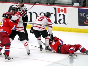Team Canada battles Team Russia in third period action at the World Juniors Summer Development Camp action in Calgary on August 5, 2015. (Darren Makowichuk/Calgary Sun/Postmedia Network)