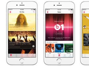 This combination of product images provided by Apple Inc. shows, from left, the "For You" section, the "Radio" section, and the "Connect" sections of the Apple Music app, displayed on an iPhone 6. (Apple Inc.)