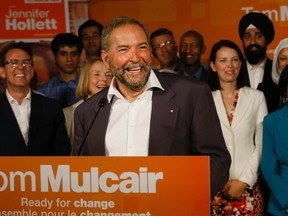 NDP Leader Thomas Mulcair at the opening of NDP candidate Jennifer Hollett’s campaign office in the Toronto riding of University-Rosedale on Thursday August 6, 2015. (Stan Behal/Toronto Sun)