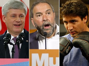 From left to right: Conservative leader Stephen Harper, NDP leader Thomas Mulcair, Liberal leader Justin Trudeau and Green Party leader Elizabeth May will all be in Toronto for the first debate of the 2015 election campaign hosted by Maclean's. (Postmedia Network, Reuters and Canadian Press File Photos)