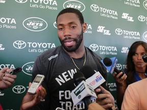 New York Jets defensive back Antonio Cromartie (31) responds to questions during a news conference after practice at NFL football training camp, Tuesday, Aug. 4, 2015, in Florham Park, N.J. (AP Photo/Frank Franklin II)