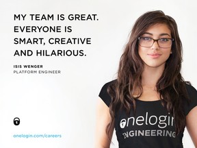 This image provided by onelogin.com shows a recruitment ad for the tech startup company featuring engineer Isis Anchalee. (onelogin.com via AP)