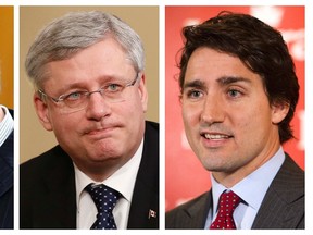 Canada's Prime Minister Stephen Harper, centre, is flanked by NDP leader Thomas Mulcair, left, and Liberal Party leader Justin Trudeau in a combo of recent file photos. Harper, 56, who led his right-of-centre Conservative Party to victory in early 2006, is seeking to pull off a rare fourth consecutive victory against a stiff opposition challenge. REUTERS/Chris Wattie/Ben Nelms/files
