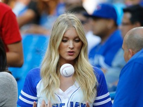 Victoria’s Secret model Elsa Hosk threw out the ceremonial first pitch ahead of last night’s Jays-Twins game. (MICHAEL PEAKE/TORONTO SUN)