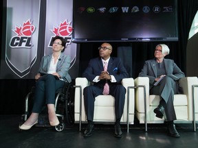 (From left to right)  Stephanie Cadieux, Minister for Children and Family Development, BC Government, Jeffrey L Orridge, CFL Commissioner, and Tracy Porteous, Chair, Ending Violence Association BC, during the CFL's violence against women policy media conference in Vancouver, British Columbia on August 6, 2015.  MARKETWIRED PHOTO/Canadian Football League