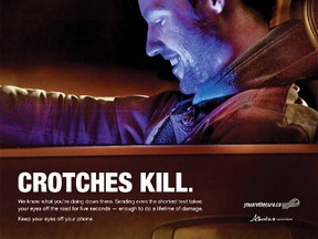 A bathroom poster for an Alberta Distracted Driving Campaign that ran in 2013. Photo Supplied