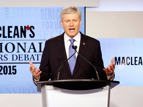 Prime Minister Stephen Harper speaks during the Maclean's National Leaders debate in Toronto, Aug. 6, 2015.   THE CANADIAN PRESS/POOL-Mark Blinch