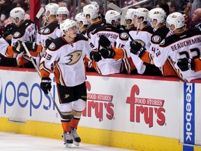 Ducks right wing Jakob Silfverberg (33) celebrates with teammates after scoring a goal against the Coyotes in Glendale, Ariz., on March 3, 2015. (Matt Kartozian/USA TODAY Sports)
