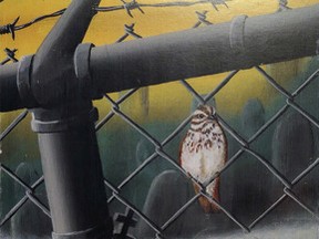 Art from the Jail Bird series by Peter Collins of Bath Institution is one of the art pieces on display in Kingston as part of the Prison Justice Art Show. The exhibit will have a launch party on Monday August 10 2015 to mark Prisoners Justice Day on Monday. The art will be on display at the Sleepless Goat Cafe until the end of August. (Ian MacAlpine/The Whig-Standard)