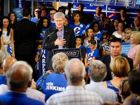 EMILY MOUNTNEY-LESSARD/The Intelligencer
Prime Minister Stephen Harper speaks in Belleville Friday afternoon.