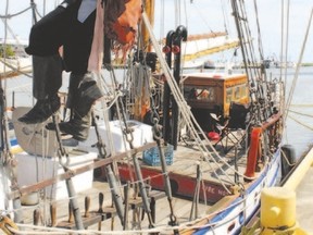 Capt. Thom Bedlam (Thom Barnett) balances from the rigging of a two-masted tall ship, The Pathfinder. He is among the featured performers at the Port Stanley Harbourfest Saturday and Sunday. Joe Belanger/The London Free Press