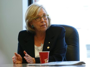 Federal Green Party leader Elizabeth May answers questions at the Toronto Sun on Aug. 7, 2015. (Jack Boland/Toronto Sun)