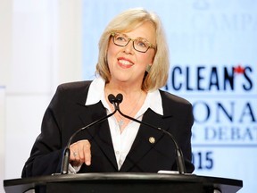 Canada's Green Party leader Elizabeth May speaks during the Maclean's National Leaders debate in Toronto, August 6, 2015. Canadians go to the polls in a national election on October 19, 2015. REUTERS/Mark Blinch