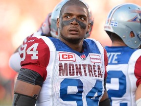 Montreal Alouettes' Michael Sam shown just prior to making his pro football debut as he warms up before the first half of a CFL game against the Ottawa Redblacks in Ottawa on Friday, Aug. 7, 2015.
THE CANADIAN PRESS/Justin Tang