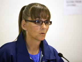 This May 21, 2015 file photo inmate Michelle-Lael Norsworthy speaks during her parole hearing at Mule Creek State Prison in Ione, Calif.  Gov. Jerry Brown has granted parole for Norsworthy, a transgender inmate who is trying to force California to become the first state to pay for a prisoner's sex reassignment surgery. (AP Photo/Steve Yeater,File)
