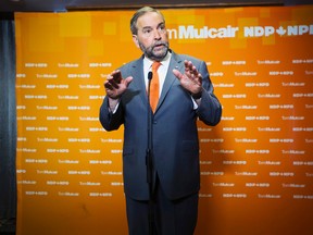 NDP leader Tom Mulcair takes questions from the media during an appearance at a post-debate event in Toronto on Friday, August 7, 2015 as he continues to campaign for the upcoming federal election. THE CANADIAN PRESS/Michelle Siu