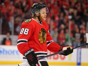 Chicago Blackhawks right winger Patrick Kane celebrates after scoring in the first period in Game 3 of the Western Conference Final of the NHL playoffs against the Anaheim Ducks at United Center on May 21, 2015. (Dennis Wierzbicki/USA TODAY Sports)