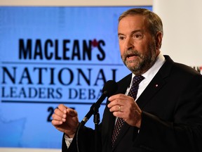 NDP leader Thomas Mulcair speaks to members of the media after taking part in the first leaders debate Aug. 6, 2015 in Toronto. THE CANADIAN PRESS/Frank Gunn