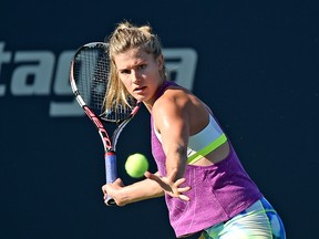 Eugenie Bouchard of Canada takes a shot during practice for the Rogers Cup tennis tournament at Aviva Centre on Aug. 8, 2015. (Dan Hamilton/USA TODAY Sports)