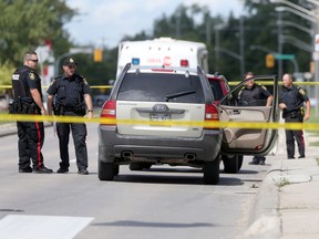 Police investigate a serious crash believed to have involved this Kia on St. Anne's Road Saturday. (CHRIS PROCAYLO/WINNIPEG SUN)