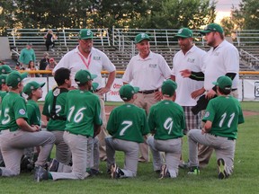 The East Nepean Eagles coaching staff gathers their team together after a 6-5 win over the White Rock All-Stars of B.C., Saturday night at Ken Ross Park. (Manish Kumar Photo)
