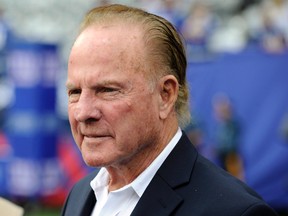In this Sept. 15, 2013 file photo, former New York Giants player Frank Gifford looks on before an NFL football game between the New York Giants and the Denver Broncos in East Rutherford, N.J. Gifford's family on Sunday, Aug. 9, 2015 said Gifford died suddenly of natural causes. He was 84. (AP Photo/Bill Kostroun, File)