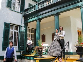 The Salon Theatre, in partnership with Parks Canada, is producing a new show called Hidden From View, about a fictional visit by Hugh John Macdonald to Lt. Col. P W Worsley at Bellevue House in 1882. The cast poses for a photo in costume on the front porch of Bellevue House. (Julia McKay/The Whig-Standard)