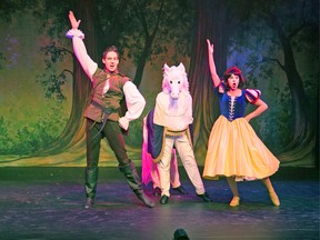 Jamie McKnight as Prince Justin and Sarah Higgins as Snow White with Ashley Arnett and Jody Whitfield as the horse Avalanche in Snow White: The Panto. (Photo courtesy of John Sharp of Drayton Entertainment)