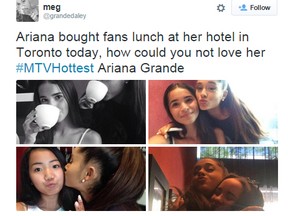 Lucky fans who Ariana Grande treated to lunch took to social media to share their photos with the pop star.