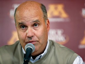 In this Oct. 10, 2013, file photo, Minnesota athletic director Norwood Teague speaks at a news conference in Minneapolis. The University of Minnesota announced Friday, Aug. 7, 2015, that Teague submitted his resignation after three years on the job. (Carlos Gonzalez/Star Tribune via AP, File)