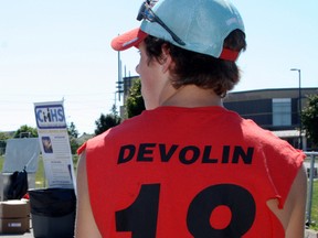 SARAH HYATT/THE INTELLIGENCER
Nick Rankin remembered his friend Brodie Devolin, who committed suicide last year, while participating in the Evan Hill memorial ball hockey tournament, at St. Theresa Catholic Secondary School last month. The tournament raised $4,000 while an additional $6,000 was donated at Hill’s funeral.