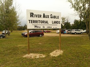 Land-claim signage was posted at a provincially-owned Ipperwash beach parking lot on East Parkway Drive. The Municipality of Lambton Shores has notified the Ministry of Natural Resources & Forestry, as well as the Ministry of Aboriginal Affairs.  (PHOTO COURTESY OF CENTRE IPPERWASH COMMUNITY ASSOCIATION)