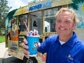 Andrew Evans runs Kona Ice snow cone truck from his base in Chatham across Southwestern Ontario. (MIKE HENSEN, The London Free Press)