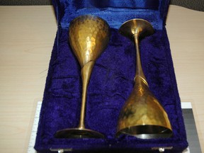 A pair of chalices, believed to be stolen, were among the items found on a man arrested on Monday. Anyone with information about these items is asked to contact investigating Const. Matthew Zaffino at 613-549-4660, ext. 6335, or via email at mzaffino@kpf.ca. (Submitted photo)