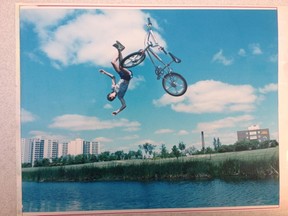 FROM THE ARCHIVES. The late Jon Thordarson, who served as a Sun photographer and editor, caught this amazing image in August 1984. Jason Reid and his buddies were riding BMX bikes and launching themselves over a creek at Grants Old Mill near the Grace Hospital.
