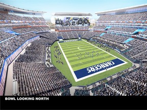 This undated artist rendering provided by the City and County of San Diego and unveiled in San Diego Monday, Aug. 10, 2015, shows a view of a new $1.1 billion stadium proposed for the San Diego Chargers. (Populous/City and County of San Diego via AP)