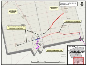 A map show the proposed TCT-extension from Norfolk to Tillsonburg, as well as the proposed trail extension from South-west Oxford to Norwich. (Submitted)