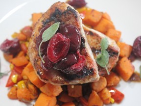 Grilled Pork Chop, Pickled Cherries, Yam Hash