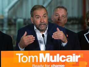 Federal New Democratic Party leader Thomas Mulcair speaks to the media Tuesday, August 11, 2015 in Mascouche, Que. (THE CANADIAN PRESS/Ryan Remiorz)