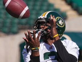 Eskimos receivers have been dropping like flies, and they have also been dropping more than their share of balls, something Kenny Stafford, shown here at practice on Monday, will need to limit when he steps in for injured Adarius Bowman on Thursday. (David Bloom, Edmonton Sun)