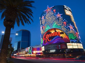 In this May 4, 2015, file photo, traffic passes in front of the Riviera Hotel and Casino in Las Vegas. (Steve Marcus/Las Vegas Sun via AP, File)