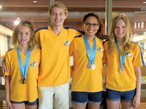 CHRIS ABBOTT/TILLSONBURG NEWS
Five South Western Aquatics swimmers represented SWA at the Age Group Nationals in Laval, Quebec, July 29-August 2. From left are Amy Meharg, Ryan Jense, Roxy Ramirez and Hailey Granger. Cassandra Dresscher competed in the 16-18 year old division.