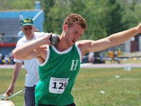 Joseph Maxwell competes in the shot put during the Legion track meet at Laurentian University in 2013. The Manitoulin Island native won discus gold at the national championships last week.