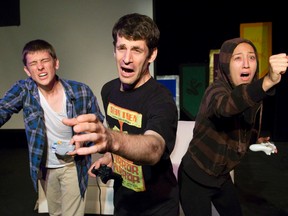Director and playwright Collin Glavac, playing Liam, left, Colin Bruce Anthes, playing Sebastian, and Nicola Franco, playing Coby, star in Glavac?s production of In Real Life at The Arts Project. (CRAIG GLOVER, The London Free Press)