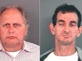 These booking photos provided by the Indiana State Police show Richard Fledderman, left, the three-term mayor of Batesville, Ind. who has been charged with patronizing a male prostitute, and Randy Wigle-Stevens, right, who is accused of failing to disclose his HIV status and attempting to blackmail Batesville, Indiana Mayor Richard Fledderman. (AP Photos/Indiana State Police)