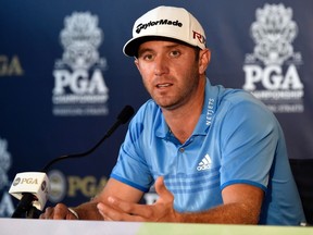 Dustin Johnson speaks at a press conference during a practice round for the PGA Championship at Whistling Straits in Sheboygan, Wis., on Wednesday, Aug. 12, 2015. (Michael Madrid/USA TODAY Sports)