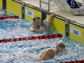 Chris Sergeant-Tsonos, top, completes the 50-metre freestyle with a third-place finish. (Photo courtesy Vicki Keith)